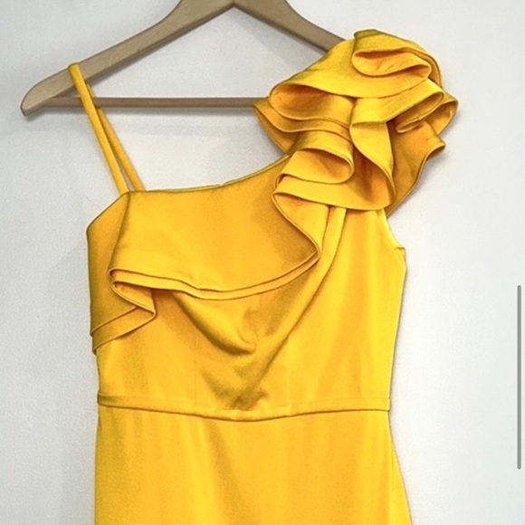 17. Mac Duggal leena Ruffle One Shoulder Mini Dress Lemon Yellow-12 - Picture 7 of 16